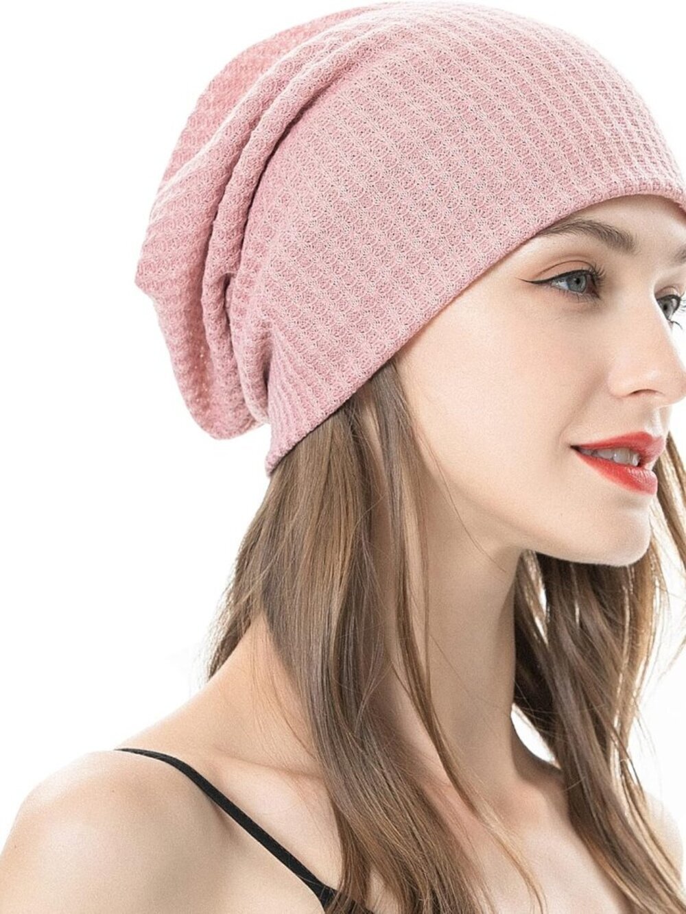 Women's Solid Pink Warm Knit Winter Pull-On Classic Slouchy Stretch Skull Cap